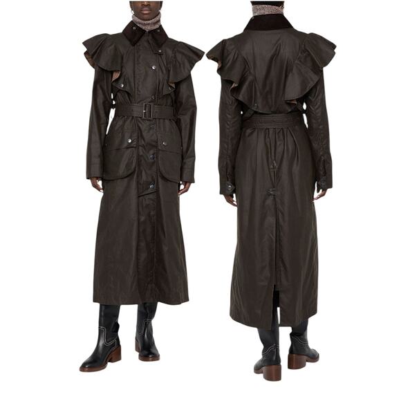 NEW Chloe X Barbour Dany Waxed Long Trench Coat Ruffles Brown Size 12 - Picture 1 of 15